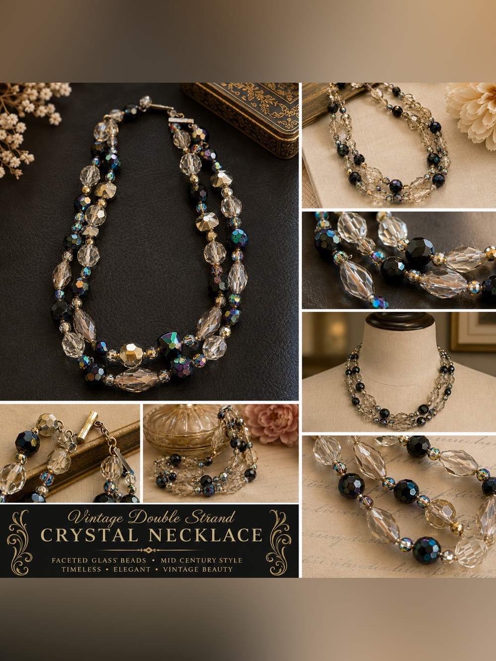 Vintage Double-Strand AB Crystal Necklace - Black and Clear